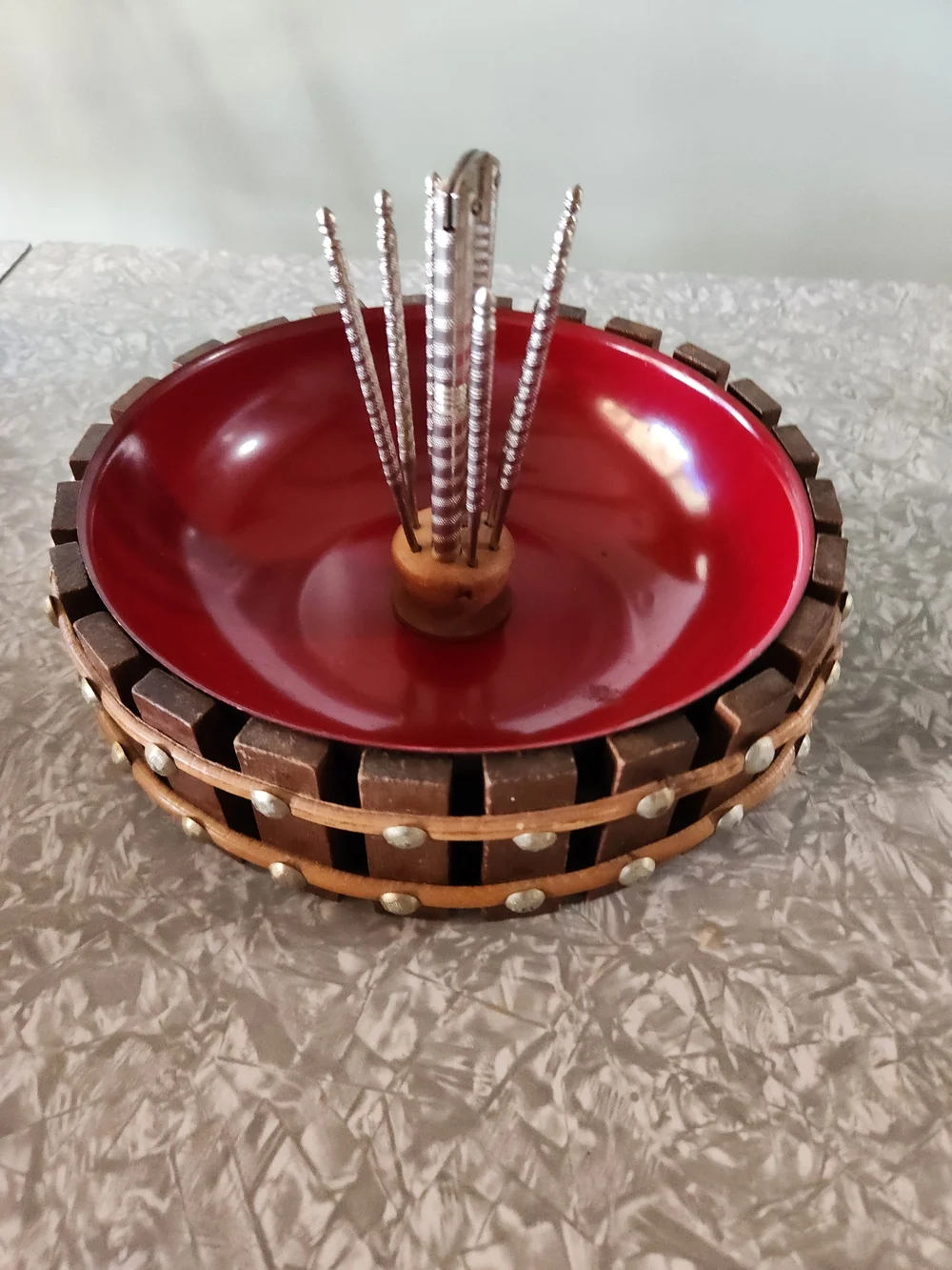 Vintage Source Unknown Red Enamel Nut Bowl with Wooden Rim and Metal Picks